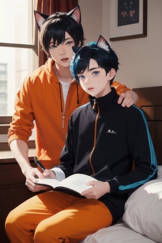 1boy,boy age 18,masterpiece, best quality, boy animal ears, boy blue eyes,boy colored sclera, boy black hair, cat ears, boy multicolored hair, boy freckles, boy two-tone hair, boy blue hair, male focus, lips, boy short hair, boy black sclera, boy in orange jump suit,signing papers at counter, mom with boy, bed room, orange jacket, orange pants,
