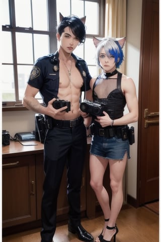 2boy ,masterpiece, best quality, animal ears, blue eyes,colored sclera, black hair, cat ears, multicolored hair, freckles, two-tone hair, blue hair, male focus, lips, short hair, black sclera,fishnet,thong, highheels, miniskirt, tube_top, halter_top, male breast,  inside police station, identification photo of boy, in jail, arrested, mugshot, police_officer taking identification photo, crowd, wanted posters, police_officer with camera 