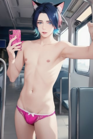 ((masterpiece)), best quality, animal ears, blue eyes,colored sclera, black hair, cat ears, multicolored hair, freckles,1boys,  two-tone hair, blue hair, male focus, lips, short hair, black sclera, topless, gay_sex, full_body, uncensored, male_only, cute twink boy standing in the train station wearing pink panties and stockings, boy with small dick in the panties, small penis bulge, feminine body, feminine boy, submissive, taking selfie, body with small dick,  boy with wide hips, big ass, perfection model, perfect body, perfect cock, complex_background, detailed face, detailed hands,High detailed, realhands,