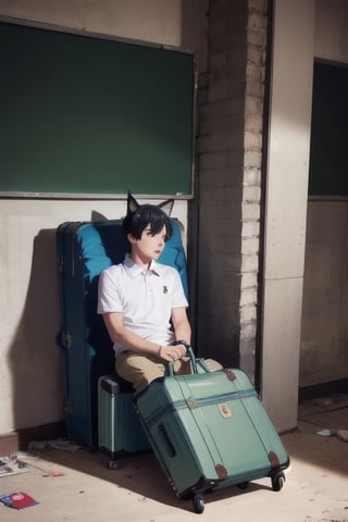 1boy and1man,masterpiece, best quality, animal ears, blue eyes,colored sclera, black hair, cat ears, multicolored hair, freckles, two-tone hair, blue hair, male focus, lips, short hair, black sclera, wearing white polo shirt, khaki pants, suitcase,school logo on shirt, night_sky, keep out, night, dark , inside classroom, abandoned_style, sittling on dirty bed, dirty room, open suitcase