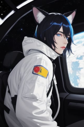 masterpiece, best quality, solo, animal ears, blue eyes,colored sclera, black hair, cat ears, multicolored hair, freckles,1boy,  two-tone hair, blue hair, male focus, lips, short hair, black sclera, full_body, uncensored, male_only, wearing vivid dark black and white space suit, helmet, tined face shield,Rear Angle, outer_space, entering  alien spaceship