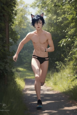 masterpiece, best quality,1boy, animal ears, blue eyes,colored sclera, black hair, cat ears, multicolored hair, freckles,1boys,  two-tone hair, blue hair, male focus, lips, short hair, black sclera, gay_sex, full_body, uncensored, male_only, afraid, running out of forest, nude,running, running away down path, almost_naked