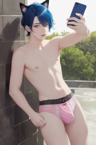 ((masterpiece)), best quality, animal ears, blue eyes,colored sclera, black hair, cat ears, multicolored hair, freckles,1boys,  two-tone hair, blue hair, male focus, lips, short hair, black sclera, topless, gay_sex, full_body, uncensored, male_only, cute twink boy standing in the hotspring wearing pink panties and stockings, boy with small dick in the panties, small penis bulge, feminine body, feminine boy, submissive, taking selfie, body with small dick,  boy with wide hips, big ass, perfection model, perfect body, perfect cock, complex_background, detailed face, detailed hands,High detailed, realhands, holding_cellphone, ,surrounded by naked fat old men,