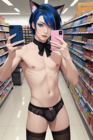 ((masterpiece)), best quality, animal ears, blue eyes,colored sclera, black hair, cat ears, multicolored hair, freckles,1boys,  two-tone hair, blue hair, male focus, lips, short hair, black sclera, topless, gay_sex, full_body, uncensored, male_only, cute twink boy standing in the walmart shopping aisle wearing pink panties and stockings, boy with small dick in the panties, small penis bulge, feminine body, feminine boy, submissive, taking selfie, body with small dick,  boy with wide hips, big ass, perfection model, perfect body, perfect cock, complex_background, detailed face, detailed hands,High detailed,