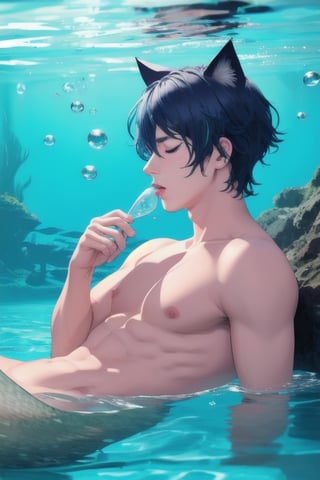 masterpiece, best quality, solo, animal ears, blue eyes,colored sclera, black hair, cat ears, multicolored hair, freckles,1boy,  two-tone hair, blue hair, male focus, lips, short hair, black sclera, topless, gay_sex, full_body, uncensored, male_only, nude, tiny circumcised_penis,nude,wading,underwater, air bubble, merman, mermaid body, eyes closed,pool bottom, man kissing sleeping boy
