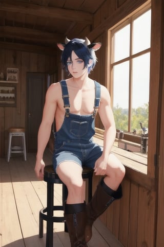 masterpiece, best quality, animal ears, blue eyes,colored sclera, black hair, cat ears, multicolored hair, freckles,1boy,  two-tone hair, blue hair, male focus, lips, short hair, black sclera, wearing overalls shorts, topless, cowboy boots,in barn, sitting_down on stool, cow, cow in stall, milking_machine, milking cow , hand on (cow utters), boy milking cow