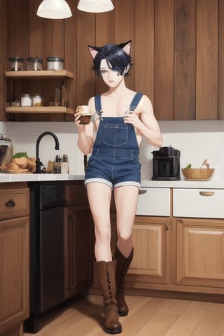 masterpiece, best quality, animal ears, blue eyes,colored sclera, black hair, cat ears, multicolored hair, freckles,1boy,  two-tone hair, blue hair, male focus, lips, short hair, black sclera, Farmhouse interior design,wood walls, eating breakfast, in kitchen, wearing overalls shorts, topless, cowboy boots,
