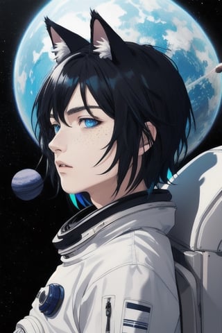 masterpiece, best quality, solo, animal ears, blue eyes,colored sclera, black hair, cat ears, multicolored hair, freckles,1boy,  two-tone hair, blue hair, male focus, lips, short hair, black sclera, full_body, uncensored, male_only, wearing vivid dark black and white space suit, helmet, tined face shield,Rear Angle, outer_space, spack walk , outside alien spaceship