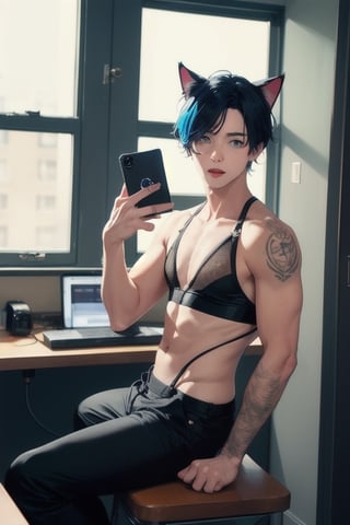 1boy and 1man,masterpiece, best quality, animal ears, blue eyes,colored sclera, black hair, cat ears, multicolored hair, freckles, two-tone hair, blue hair, male focus, lips, short hair, black sclera,fishnet,thong, highheels, miniskirt, tube_top, halter_top, male breast,  inside police station, taking identifying photograph of boy, in jail, arrested, in prison , mugshot, police_officer taking picture