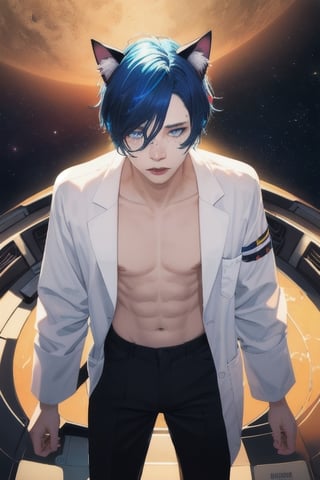 masterpiece, best quality, solo, animal ears, blue eyes,colored sclera, black hair, cat ears, multicolored hair, freckles,1boy,  two-tone hair, blue hair, male focus, lips, short hair, black sclera, topless, gay_sex, full_body, uncensored, male_only, jewelry, (1Man)､from below､ cerling､ tellaported into alien world, topless, lab coat,outerspace, in tellapport beam, in orange light, 