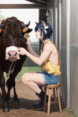 masterpiece, best quality, animal ears, blue eyes,colored sclera, black hair, cat ears, multicolored hair, freckles,1boy,  two-tone hair, blue hair, male focus, lips, short hair, black sclera, wearing overalls shorts, topless, cowboy boots, sitting_down on stool, cow, cow in stall, milking_machine, milking cow , hands on cow utters, cow being milked