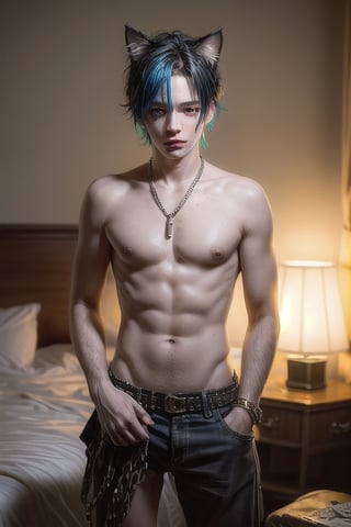 masterpiece, best quality, animal ears, blue eyes,colored sclera, black hair, cat ears, multicolored hair, freckles,1boys,  two-tone hair, blue hair, male focus, lips, short hair, black sclera, topless, gay_sex, full_body, uncensored, male_only,topless,nude, ultra Realistic, 80’s hotel room, Dirty, garbage-filled hotel room,  Dirty Rotten Imbeciles, Straight Edge, Chaos UK, (hardcore Punk fashion),  jokey And playful expression, Septum Piercing, more Coal, Ratty dreads, Crust core,anti union flag design, {chain storm}, stained clothes, spike hair, photo r3al, man standing by boy, old man handing boy money