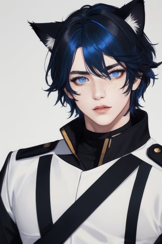 masterpiece, best quality, solo, animal ears, blue eyes,colored sclera, black hair, cat ears, multicolored hair, freckles,1boy,  two-tone hair, blue hair, male focus, lips, short hair, black sclera, full_body, uncensored, male_only, USSE Starfleet Engineer uniform, 