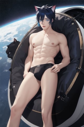 masterpiece, best quality, solo, animal ears, blue eyes,colored sclera, black hair, cat ears, multicolored hair, freckles,1boy,  two-tone hair, blue hair, male focus, lips, short hair, black sclera, full_body, uncensored, male_only,homoerotic,  science fiction, scenery,spaceship background, underwear_bulge,crotch_bulge, male genital_bulge, pinis outling bulge, in crews quaters, furniture spaceship bed, laying in bed, topless, thong 