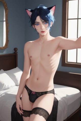 ((masterpiece)), best quality, animal ears, blue eyes,colored sclera, black hair, cat ears, multicolored hair, freckles,1boys,  two-tone hair, blue hair, male focus, lips, short hair, black sclera, topless, gay_sex, full_body, uncensored, male_only, cute twink boy standing in the bed room wearing pink panties and stockings, boy with small dick in the panties, small penis bulge, feminine body, feminine boy, submissive, taking selfie, body with small dick,  boy with wide hips, big ass, perfection model, perfect body, perfect cock, complex_background, detailed face, detailed hands,High detailed,