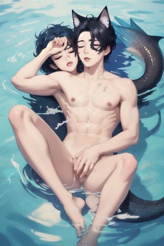 masterpiece, best quality, animal ears, blue eyes,colored sclera, black hair, cat ears, multicolored hair, freckles,3boy,  two-tone hair, blue hair, male focus, lips, short hair, black sclera, topless, gay_sex, full_body, uncensored, male_only, nude, tiny circumcised_penis,nude,wading,underwater, air bubble, merman, mermaid body, eyes closed,pool bottom,3monters ,monster fucking sleeping boy, ass_sex,monster gay_sex, uncensored, monster, stomach bulge,  gang_sex, penetrating_ass
