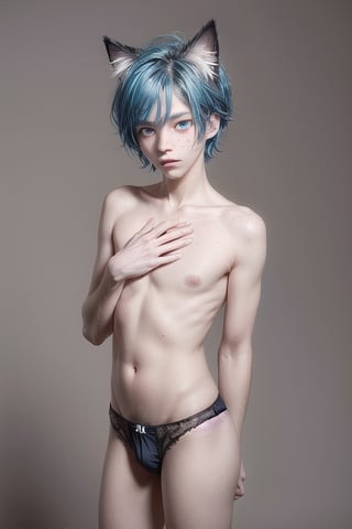 ((masterpiece)), best quality, animal ears, blue eyes,colored sclera, black hair, cat ears, multicolored hair, freckles,1man, 18yr man, two-tone hair, blue hair, male focus, lips, short hair, black sclera, topless, gay_sex, full_body, uncensored, male_only, cute twink man, small penis bulge, feminine body, feminine man,  body with small dick,  man with wide hips, big ass, perfection model, perfect, detailed face, detailed hands,High detailed, realhands,submissive, ,male breast, male focus, fur panties,cusie ship