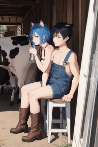 masterpiece, best quality, animal ears, blue eyes,colored sclera, black hair, cat ears, multicolored hair, freckles,1boy,  two-tone hair, blue hair, male focus, lips, short hair, black sclera, wearing overalls shorts, topless, cowboy boots, sitting_down on stool, cow, cow in stall, milking_machine, milking cow , hands on cow utters, cow being milked