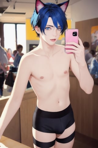 ((masterpiece)), best quality, animal ears, blue eyes,colored sclera, black hair, cat ears, multicolored hair, freckles,1boys,  two-tone hair, blue hair, male focus, lips, short hair, black sclera, topless, gay_sex, full_body, uncensored, male_only, cute twink boy standing in the burger king wearing pink panties and stockings, boy with small dick in the panties, small penis bulge, feminine body, feminine boy, submissive, taking selfie, body with small dick,  boy with wide hips, big ass, perfection model, perfect body, perfect cock, complex_background, detailed face, detailed hands,High detailed, realhands, crowd