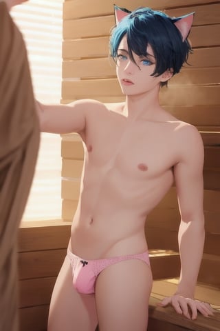 ((masterpiece)), best quality, animal ears, blue eyes,colored sclera, black hair, cat ears, multicolored hair, freckles,1boys,  two-tone hair, blue hair, male focus, lips, short hair, black sclera, topless, gay_sex, full_body, uncensored, male_only, cute twink boy standing in the steam sauna wearing pink panties, boy with small dick in the panties, small penis bulge, feminine body, feminine boy, submissive, taking selfie, body with small dick,  boy with wide hips, big ass, perfection model, perfect body, perfect cock, complex_background, detailed face, detailed hands,High detailed, realhands, kissing,holding_cellphone,nude,   (many onlookers looking at boy), detailed face, detailed legs, 3men in sauna,surrounded by fat nude men, kissing
