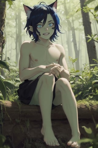 masterpiece, best quality, animal ears, blue eyes,colored sclera, black hair, cat ears, multicolored hair, freckles,1boys,  two-tone hair, blue hair, male focus, lips, short hair, black sclera, small and agile goblin, measuring 1 meter tall. Its green skin, dotted with some darker spots, camouflaged in the forests, It has pointed ears, its eyes are large and yellow, The head of the goblin with dark, greasy hair that falls in messy strands over its forehead, teeth are sharp and pointed , sinister smile. small but agile hands and feet, completely naked, hunched and shameless posture showing his green erect penis without shame.green skin