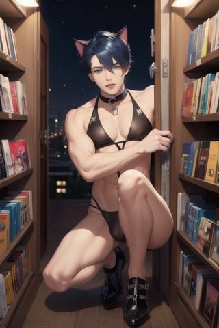 1boy and1man,masterpiece, best quality, animal ears, blue eyes,colored sclera, black hair, cat ears, multicolored hair, freckles, two-tone hair, blue hair, male focus, lips, short hair, black sclera,fishnet,thong, night_sky,  night, dark,  highheels, miniskirt, tube_top, halter_top, prositute, male breast, in adult book store, porn shop, glory_hole