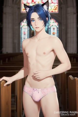 ((masterpiece)), best quality, animal ears, blue eyes,colored sclera, black hair, cat ears, multicolored hair, freckles,1boys,  two-tone hair, blue hair, male focus, lips, short hair, black sclera, topless, gay_sex, full_body, uncensored, male_only, cute twink boy standing in the church wearing pink panties and stockings, boy with small dick in the panties, small penis bulge, feminine body, feminine boy, submissive, taking selfie, body with small dick,  boy with wide hips, big ass, perfection model, perfect body, perfect cock, complex_background, detailed face, detailed hands,High detailed, realhands,