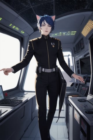 masterpiece, best quality, solo, animal ears, blue eyes,colored sclera, black hair, cat ears, multicolored hair, freckles,1boy,  two-tone hair, blue hair, male focus, lips, short hair, black sclera, full_body, uncensored, male_only, USSE Starfleet Engineer uniform, on space ship bridge,