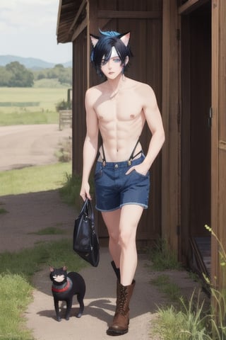 masterpiece, best quality, animal ears, blue eyes,colored sclera, black hair, cat ears, multicolored hair, freckles,1boy,  two-tone hair, blue hair, male focus, lips, short hair, black sclera, wearing overalls shorts, topless, cowboy boots,walking outside to barn
