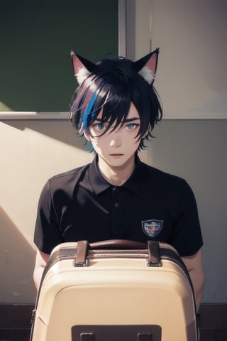 1boy and1man,masterpiece, best quality, animal ears, blue eyes,colored sclera, black hair, cat ears, multicolored hair, freckles, two-tone hair, blue hair, male focus, lips, short hair, black sclera, wearing white polo shirt, khaki pants, suitcase,school logo on shirt, night_sky, keep out, night, dark , inside classroom, abandoned_style, sittling on dirty bed, dirty room, open suitcase