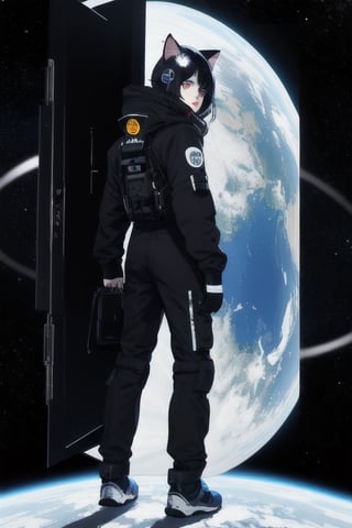 masterpiece, best quality, solo, animal ears, blue eyes,colored sclera, black hair, cat ears, multicolored hair, freckles,1boy,  two-tone hair, blue hair, male focus, lips, short hair, black sclera, full_body, uncensored, male_only, wearing vivid dark black and white space suit, helmet, tined face shield,Rear Angle, outer_space, spack walk , entering  alien spaceship
