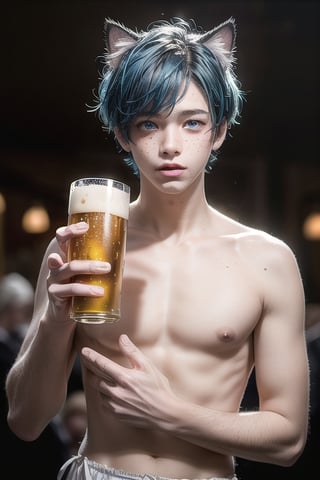 masterpiece, best quality, animal ears, blue eyes,colored sclera, black hair, cat ears, multicolored hair, freckles,1boys age 18,  two-tone hair, blue hair, male focus, lips, short hair, black sclera, topless, gay_sex, full_body, uncensored, male_only, topless, ultra Realistic, oktoberfest ,beer tent,wearing dirndl, carrying beer mugs, armfull of beer mugs