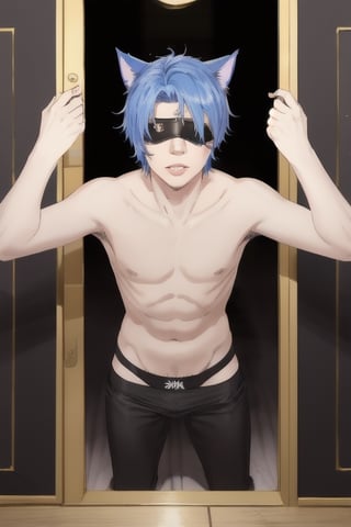 ((masterpiece)), best quality, animal ears, blue eyes,colored sclera, black hair, cat ears, multicolored hair, freckles,1boys,  two-tone hair, blue hair, male focus, lips, short hair, black sclera, topless, gay_sex, full_body, uncensored, male_only, cute twink boy standing in the gloryhole wearing pink panties and stockings, boy with small dick in the panties, small penis bulge, feminine body, feminine boy, submissive, taking selfie, body with small dick,  boy with wide hips, big ass, perfection model, perfect body, perfect cock, complex_background, detailed face, detailed hands,High detailed, realhands, holding_cellphone, 3men,surrounded by naked fat old men, kissing old man, black walls, glory wall, stuck, shiny, collarbone, shiny skin, upper body, solo, restrained, stationary restraints, lips, bare shoulders, 1boy, male breasts, blindfold, parted lips,through wall, black blindfold, short hair, viewed_from_behind