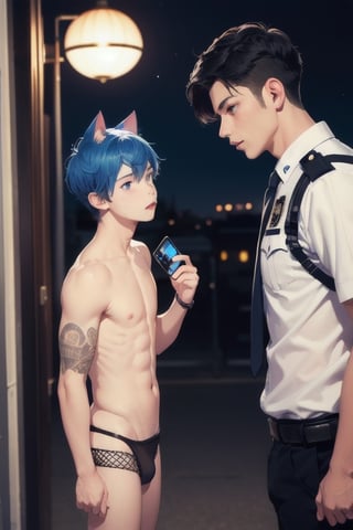 1boy and1man,masterpiece, best quality, animal ears, blue eyes,colored sclera, black hair, cat ears, multicolored hair, freckles, two-tone hair, blue hair, male focus, lips, short hair, black sclera,fishnet,thong, night_sky,  night, dark,  highheels, miniskirt, tube_top, halter_top, male breast,  inside police station, taking identifying photograph of boy, in jail, arrested, in prison 