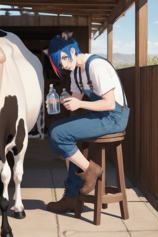 masterpiece, best quality, animal ears, blue eyes,colored sclera, black hair, cat ears, multicolored hair, freckles,1boy,  two-tone hair, blue hair, male focus, lips, short hair, black sclera, wearing overalls shorts, topless, cowboy boots, sitting_down on stool, cow, cow in stall, milking_machine, milking cow , hands on cow utters, cow being milked