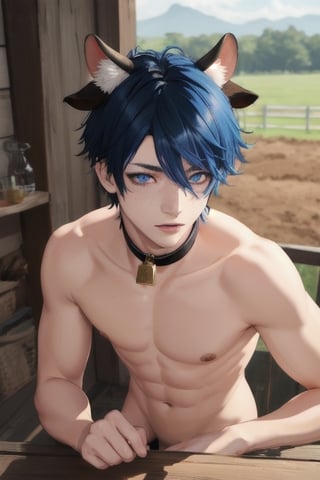 masterpiece, best quality, animal ears, blue eyes,colored sclera, black hair, multicolored hair, freckles,1boy,  two-tone hair, blue hair, male focus, lips, short hair, black sclera, best quality, highres, cow ears, all fours, in barn ,  male breast, topless,nude, cow bell , male breast,crawling, circumcised_penis, troft, staring_at_viewer