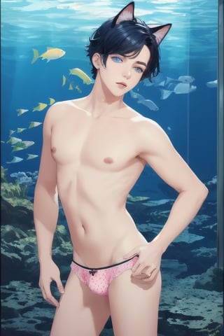((masterpiece)), best quality, animal ears, blue eyes,colored sclera, black hair, cat ears, multicolored hair, freckles,1boys,  two-tone hair, blue hair, male focus, lips, short hair, black sclera, topless, gay_sex, full_body, uncensored, male_only, cute twink boy standing in the aquarium wearing pink panties, boy with small dick in the panties, small penis bulge, feminine body, feminine boy, submissive, taking selfie, body with small dick,  boy with wide hips, big ass, perfection model, perfect body, perfect cock, complex_background, detailed face, detailed hands,High detailed, realhands, kissing,holding_cellphone,nude,  (many onlookers looking at boy), infront of fish