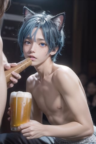 masterpiece, best quality, animal ears, blue eyes,colored sclera, black hair, cat ears, multicolored hair, freckles,1boys age 18,  two-tone hair, blue hair, male focus, lips, short hair, black sclera, gay_sex, full_body, uncensored, male_only, topless, ultra Realistic, oktoberfest ,beer tent,carrying many beer steins, armfull of large beer steins, wear sky blue and white checker panties 