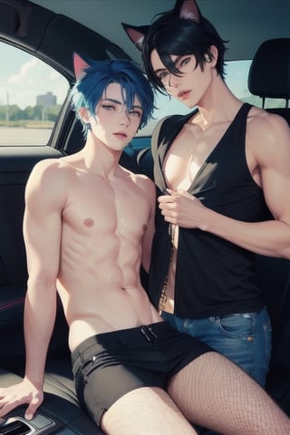 1boy and1man,masterpiece, best quality, animal ears, blue eyes,colored sclera, black hair, cat ears, multicolored hair, freckles, two-tone hair, blue hair, male focus, lips, short hair, black sclera,fishnet,thong, night_sky,  night, dark  highheels, miniskirt, tube_top, halter_top, leaning into car window, prositute, male breast, gay sex, sex in car,2boy