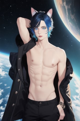 masterpiece, best quality, solo, animal ears, blue eyes,colored sclera, black hair, cat ears, multicolored hair, freckles,1boy,  two-tone hair, blue hair, male focus, lips, short hair, black sclera, topless, gay_sex, full_body, uncensored, male_only, jewelry, (1Man)､from below､ cerling､ tellaported into alien world, topless, lab coat,outerspace, in tellapport beam