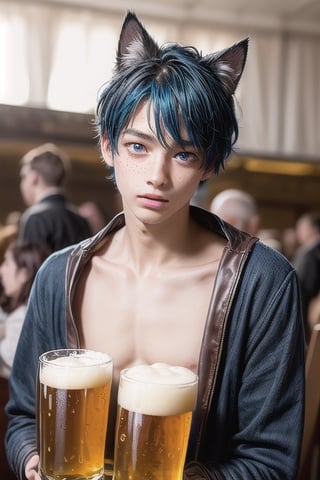 masterpiece, best quality, animal ears, blue eyes,colored sclera, black hair, cat ears, multicolored hair, freckles,1boys age 18,  two-tone hair, blue hair, male focus, lips, short hair, black sclera, gay_sex, full_body, uncensored, male_only, topless, ultra Realistic, oktoberfest ,beer tent,wearing traditional blue Oktoberfest dress, carrying many beer steins, armfull of large beer steins