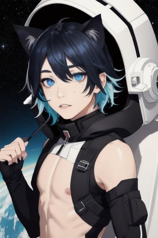 masterpiece, best quality, solo, animal ears, blue eyes,colored sclera, black hair, cat ears, multicolored hair, freckles,1boy,  two-tone hair, blue hair, male focus, lips, short hair, black sclera, full_body, uncensored, male_only, wearing vivid dark black and white space suit, helmet, tined face shield,on space ship bridge,