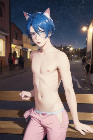 ((masterpiece)), best quality, animal ears, blue eyes,colored sclera, black hair, cat ears, multicolored hair, freckles,1boys,  two-tone hair, blue hair, male focus, lips, short hair, black sclera, topless, gay_sex, full_body, uncensored, male_only, cute twink boy standing in the playground wearing pink panties and stockings, boy with small dick in the panties, small penis bulge, feminine body, feminine boy, submissive, taking selfie, body with small dick,  boy with wide hips, big ass, perfection model, perfect body, perfect cock, complex_background, detailed face, detailed hands,High detailed, realhands, dark night, night_sky, playground, homeless man sleeping on bench