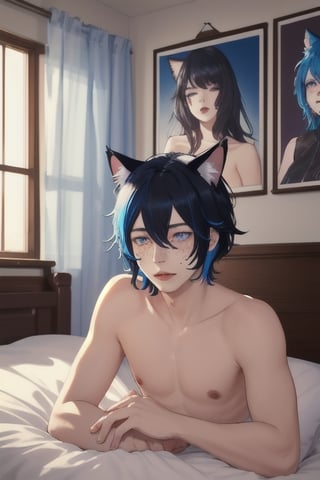 masterpiece, best quality, animal ears, blue eyes,colored sclera, black hair, cat ears, multicolored hair, freckles,1boy,  two-tone hair, blue hair, male focus, lips, short hair, black sclera, sleeping in bed, farm house,posters of ( nude girls)

