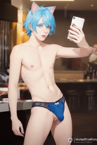 ((masterpiece)), best quality, animal ears, blue eyes,colored sclera, black hair, cat ears, multicolored hair, freckles,1boys,  two-tone hair, blue hair, male focus, lips, short hair, black sclera, topless, gay_sex, full_body, uncensored, male_only, cute twink boy standing in the burger king wearing pink panties and stockings, boy with small dick in the panties, small penis bulge, feminine body, feminine boy, submissive, taking selfie, body with small dick,  boy with wide hips, big ass, perfection model, perfect body, perfect cock, complex_background, detailed face, detailed hands,High detailed, realhands, crowd