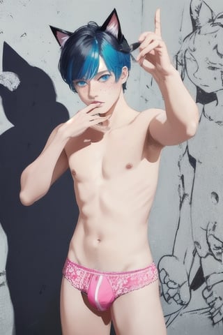 ((masterpiece)), best quality, animal ears, blue eyes,colored sclera, black hair, cat ears, multicolored hair, freckles,1boys,  two-tone hair, blue hair, male focus, lips, short hair, black sclera, topless, gay_sex, full_body, uncensored, male_only, cute twink boy standing in the  ‎East Side Gallery berlin wearing pink panties and stockings, boy with small dick in the panties, small penis bulge, feminine body, feminine boy, submissive, taking selfie, body with small dick,  boy with wide hips, big ass, perfection model, perfect body, perfect cock, complex_background, detailed face, detailed hands,High detailed, realhands, dark night, night_sky, in front of the berlin wall,berlin wall art, halter_top