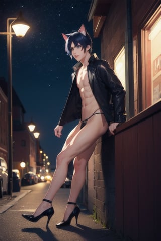 1boy and1man,masterpiece, best quality, animal ears, blue eyes,colored sclera, black hair, cat ears, multicolored hair, freckles, two-tone hair, blue hair, male focus, lips, short hair, black sclera,topless,nude,fishnet,thong, night_sky,  night, dark ,on street corner, street light, highheels, miniskirt, tube_top