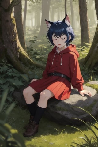 masterpiece, best quality, solo, animal ears, blue eyes,colored sclera, black hair, cat ears, multicolored hair, freckles,1goblin, two-tone hair, blue hair, male focus, lips, short hair, black sclera,dressed like little red ridding hood,  in forest, short red skirt, sitting on rock, , wild_mushroom, a sleep on ground, eyes closed,small and agile goblin, measuring 1 meter tall. Its green skin, dotted with some darker spots, camouflaged in the forests, It has pointed ears, its eyes are large and yellow, The head of the goblin with dark, greasy hair that falls in messy strands over its forehead, 
