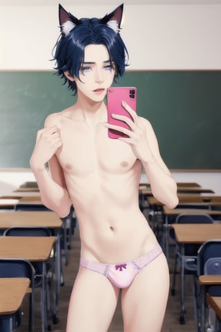 ((masterpiece)), best quality, animal ears, blue eyes,colored sclera, black hair, cat ears, multicolored hair, freckles,1boys,  two-tone hair, blue hair, male focus, lips, short hair, black sclera, topless, gay_sex, full_body, uncensored, male_only, cute twink boy standing in the classroom  wearing pink panties and stockings, boy with small dick in the panties, small penis bulge, feminine body, feminine boy, submissive, taking selfie, body with small dick,  boy with wide hips, big ass, perfection model, perfect body, perfect cock, complex_background, detailed face, detailed hands,High detailed, realhands, kissing,holding_cellphone,nude,   (many onlookers looking at boy), detailed face, detailed legs,