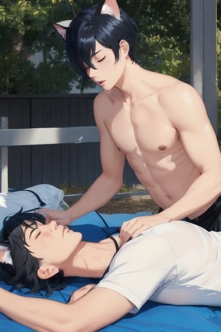 masterpiece, best quality, animal ears, blue eyes,colored sclera, black hair, cat ears, multicolored hair, freckles,1boy,  two-tone hair, blue hair, male focus, lips, short hair, black sclera, topless, gay_sex, full_body, uncensored, male_only, speedo, eyes closed,lying flat on paramedic gurney, sleeping, crowd , paramedics ,oxygen mask, oxygen tank,